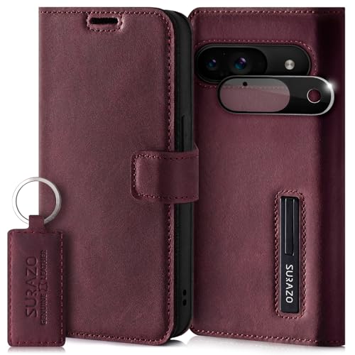 SURAZO Handyhülle für Google Pixel 9 5G Hülle Leder – Klappbar Echtleder Schutzhülle [Magnet, Kartenfach, RFID Schutz, Standfunktion, Kameraschutz] Flip Klapphülle Case Cover Lederhülle Burgund von SURAZO