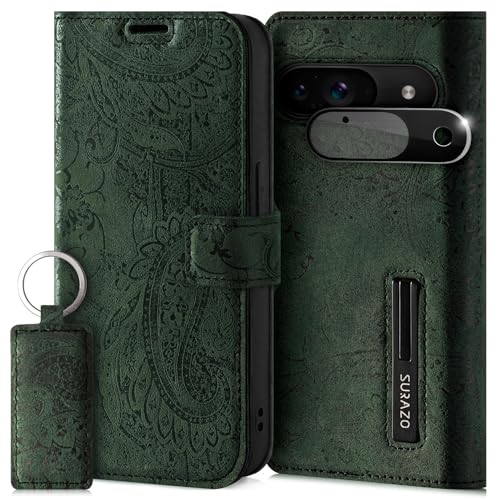 SURAZO Handyhülle für Google Pixel 9 5G Hülle Leder – Klappbar Echtleder Schutzhülle [Magnet, Kartenfach, RFID Schutz, Standfunktion, Kameraschutz] Flip Klapphülle Case Cover Lederhülle Grün von SURAZO