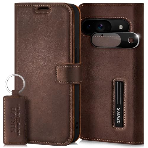 SURAZO Handyhülle für Google Pixel 9 5G Hülle Leder Klappbar Echtleder Schutzhülle [Magnet, Kartenfach, RFID Schutz, Standfunktion, Kameraschutz] Flip Klapphülle Case Cover Lederhülle Nussbraun von SURAZO