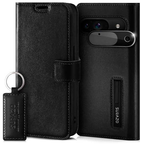 SURAZO Handyhülle für Google Pixel 9 5G Hülle Leder – Klappbar Echtleder Schutzhülle [Magnet, Kartenfach, RFID Schutz, Standfunktion, Kameraschutz] Flip Klapphülle Case Cover Lederhülle Schwarz von SURAZO