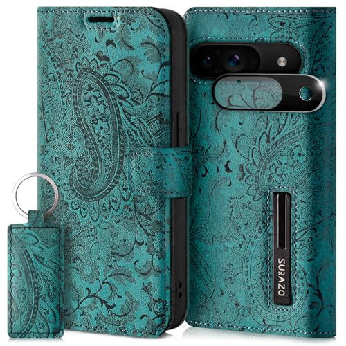 SURAZO Handyhülle für Google Pixel 9 5G Hülle Leder – Klappbar Echtleder Schutzhülle [Magnet, Kartenfach, RFID Schutz, Standfunktion, Kameraschutz] Flip Klapphülle Case Cover Lederhülle Türkis von SURAZO