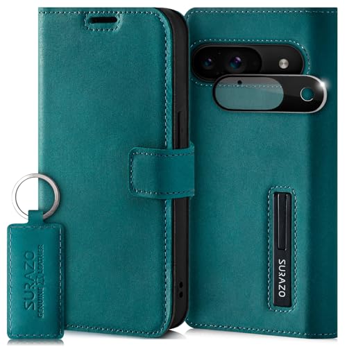 SURAZO Handyhülle für Google Pixel 9 5G Hülle Leder – Klappbar Echtleder Schutzhülle [Magnet, Kartenfach, RFID Schutz, Standfunktion, Kameraschutz] Flip Klapphülle Case Cover Lederhülle Türkis von SURAZO
