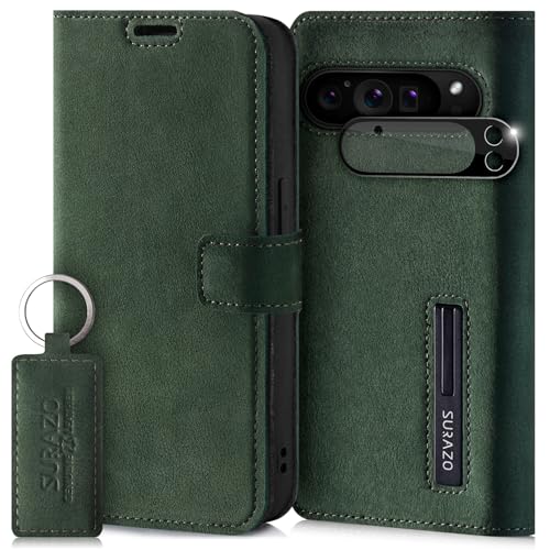SURAZO Handyhülle für Google Pixel 9 Pro Hülle Leder Klappbar Echtleder Schutzhülle [Magnet, Kartenfach, RFID Schutz, Standfunktion, Kameraschutz] Flip Klapphülle Case Cover Lederhülle Dunkelgrün von SURAZO