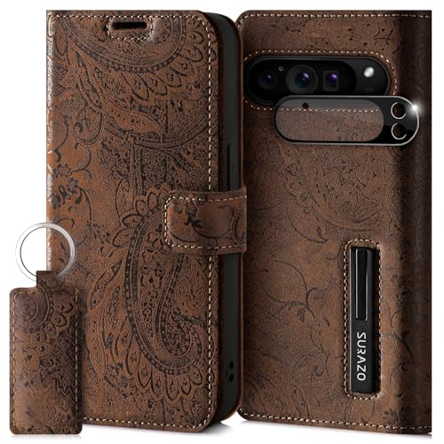 SURAZO Handyhülle für Google Pixel 9 Pro Hülle Leder – Klappbar Echtleder Schutzhülle [Magnet, Kartenfach, RFID Schutz, Standfunktion, Kameraschutz] Flip Klapphülle Case Cover Lederhülle Braun von SURAZO
