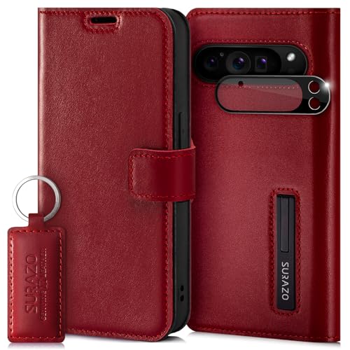 SURAZO Handyhülle für Google Pixel 9 Pro Hülle Leder Klappbar Echtleder Schutzhülle [Magnet, Kartenfach, RFID Schutz, Standfunktion, Kameraschutz] Flip Klapphülle Case Cover Lederhülle Costa Rot von SURAZO