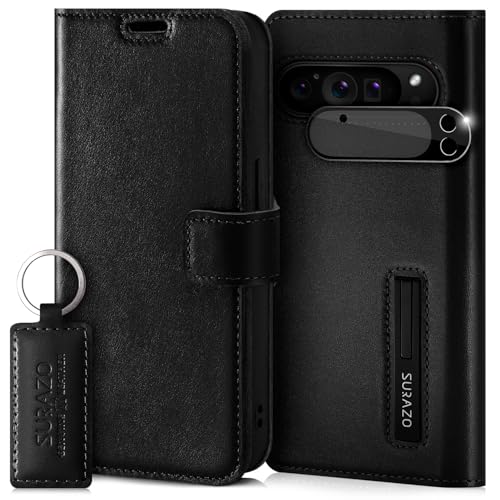 SURAZO Handyhülle für Google Pixel 9 Pro Hülle Leder – Klappbar Echtleder Schutzhülle [Magnet, Kartenfach, RFID Schutz, Standfunktion, Kameraschutz] Flip Klapphülle Case Cover Lederhülle Schwarz von SURAZO