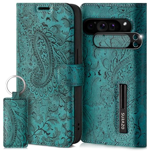 SURAZO Handyhülle für Google Pixel 9 Pro Hülle Leder – Klappbar Echtleder Schutzhülle [Magnet, Kartenfach, RFID Schutz, Standfunktion, Kameraschutz] Flip Klapphülle Case Cover Lederhülle Türkis von SURAZO