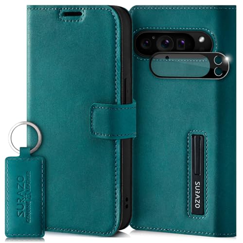 SURAZO Handyhülle für Google Pixel 9 Pro Hülle Leder – Klappbar Echtleder Schutzhülle [Magnet, Kartenfach, RFID Schutz, Standfunktion, Kameraschutz] Flip Klapphülle Case Cover Lederhülle Türkis von SURAZO