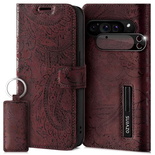 SURAZO Handyhülle für Google Pixel 9 Pro XL Hülle Leder – Klappbar Echtleder Schutzhülle [Magnet, Kartenfach, RFID Schutz, Standfunktion, Kameraschutz] Flip Klapphülle Case Cover Lederhülle Burgund von SURAZO