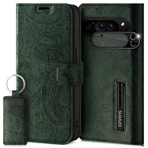 SURAZO Handyhülle für Google Pixel 9 Pro XL Hülle Leder – Klappbar Echtleder Schutzhülle [Magnet, Kartenfach, RFID Schutz, Standfunktion, Kameraschutz] Flip Klapphülle Case Cover Lederhülle Grün von SURAZO