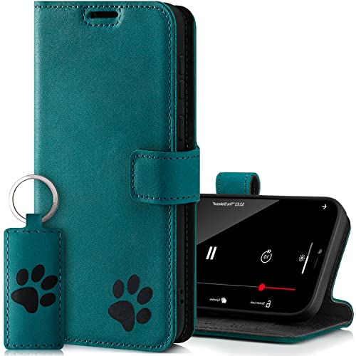 SURAZO Handyhülle für Samsung Galaxy A13 5G – Premium Echtleder Hülle mit Pfote Motiv – Vintage Klapphülle mit Standfunktion, Kartenfach und Schlüsselring – Handmade RFID Schutzhülle (Türkis) von SURAZO