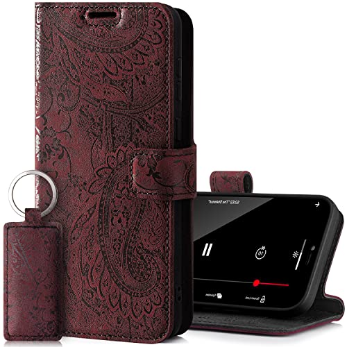 SURAZO Handyhülle für Samsung Galaxy M52 5G Hülle Leder – Klappbare Echtleder Schutzhülle [mit Magnet, Kartenfach, RFID Schutz, Blumenmuster] Klapphülle Wallet Case Cover Lederhülle (Burgund) von SURAZO