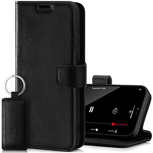SURAZO Handyhülle für Samsung Galaxy M52 5G Hülle Leder – Klappbare Echtleder Schutzhülle [mit Magnet, Kartenfach, RFID Schutz, Keyring] Klapphülle Wallet Case Cover Lederhülle (Costa Schwarz) von SURAZO