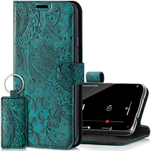 SURAZO Handyhülle für Samsung Galaxy S21 Ultra 5G – Premium Echtleder Hülle Schutzhülle mit [Standfunktion, Kartenfach, RFID Schutz, Blumenmuster] Klapphülle Wallet case Handmade in Europe (Türkis) von SURAZO