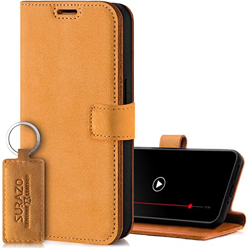SURAZO Handyhülle für Samsung Galaxy S23 FE Hülle Leder – Klappbar Echtleder Schutzhülle [ Magnet, Kartenfach, RFID Schutz, Standfunktion ] Flip Klapphülle Case Cover Lederhülle (Camel) von SURAZO