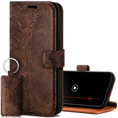 SURAZO Handyhülle für Samsung Galaxy S23 FE Hülle Leder – Klappbar Echtleder Schutzhülle [ Magnet, Kartenfach, RFID Schutz ] Flip Klapphülle Wallet Case Cover Lederhülle (Blumenmuster Braun) von SURAZO