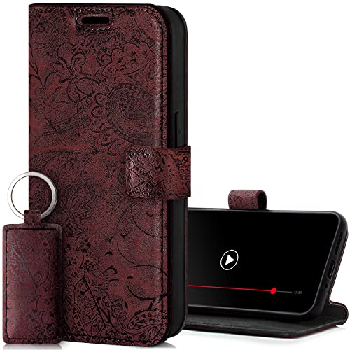 SURAZO Handyhülle für Samsung Galaxy S23 FE Hülle Leder – Klappbar Echtleder Schutzhülle [ Magnet, Kartenfach, RFID Schutz ] Flip Klapphülle Wallet Case Cover Lederhülle (Blumenmuster Burgund) von SURAZO