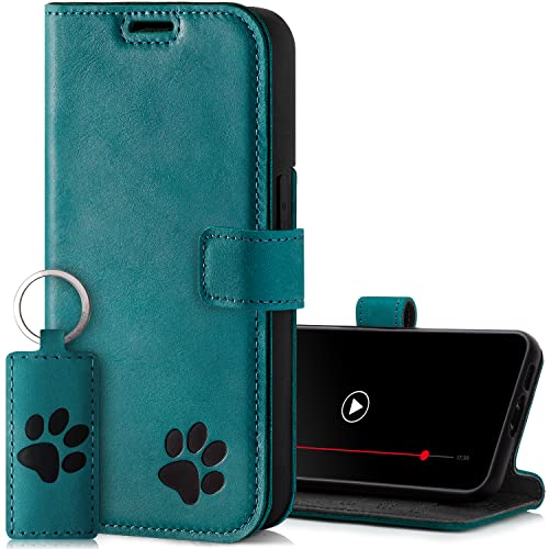 SURAZO Handyhülle für Samsung Galaxy S23 Plus 5G – Echtleder Schutzhülle mit Pfote Motiv – RFID Klapphülle [mit Magnet, Standfunktion, Kartenfach] Flip Cover Hülle Leder Case Lederhülle (Türkis) von SURAZO
