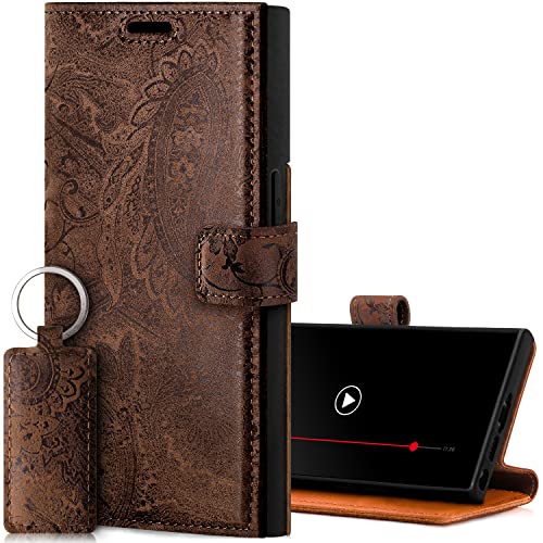 SURAZO Handyhülle für Samsung Galaxy S23 Ultra Hülle Leder – Klappbare Echtleder Schutzhülle [Magnet, Kartenfach, RFID Schutz, Blumenmuster] Flip Klapphülle Wallet Case Cover Lederhülle (Braun) von SURAZO