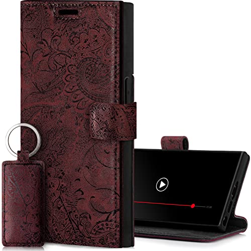 SURAZO Handyhülle für Samsung Galaxy S23 Ultra Hülle Leder – Klappbare Echtleder Schutzhülle [Magnet, Kartenfach, RFID Schutz, Blumenmuster] Flip Klapphülle Wallet Case Cover Lederhülle (Burgund) von SURAZO