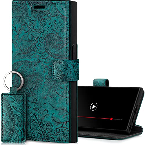 SURAZO Handyhülle für Samsung Galaxy S23 Ultra Hülle Leder – Klappbare Echtleder Schutzhülle [Magnet, Kartenfach, RFID Schutz, Blumenmuster] Flip Klapphülle Wallet Case Cover Lederhülle (Türkis) von SURAZO