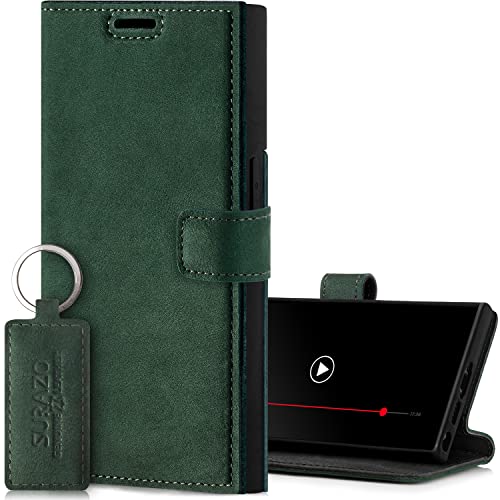 SURAZO Handyhülle für Samsung Galaxy S23 Ultra Hülle Leder – Klappbare Echtleder Schutzhülle [Magnet, Kartenfach, RFID Schutz, Standfunktion] Flip Klapphülle Wallet Case Cover Lederhülle (Dunkelgrün) von SURAZO