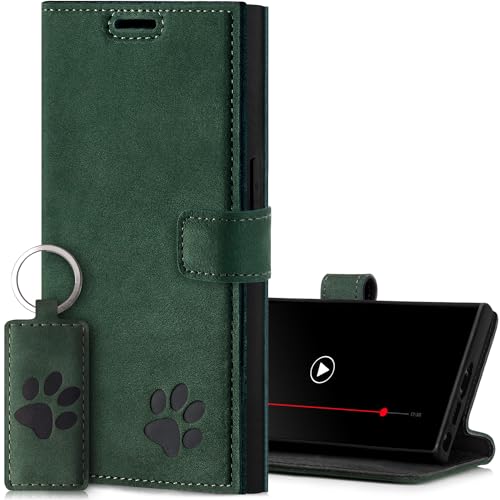 SURAZO Handyhülle für Samsung Galaxy S24 Ultra 5G – Echtleder Schutzhülle mit Pfote Motiv – RFID Klapphülle [Magnet, Standfunktion, Kartenfach] Flip Cover Hülle Leder Case Lederhülle (Dunkelgrün) von SURAZO