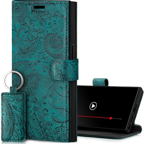 SURAZO Handyhülle für Samsung Galaxy S24 Ultra Hülle Leder – Klappbare Echtleder Schutzhülle [Magnet, Kartenfach, RFID Schutz, Blumenmuster] Flip Klapphülle Wallet Case Cover Lederhülle (Türkis) von SURAZO