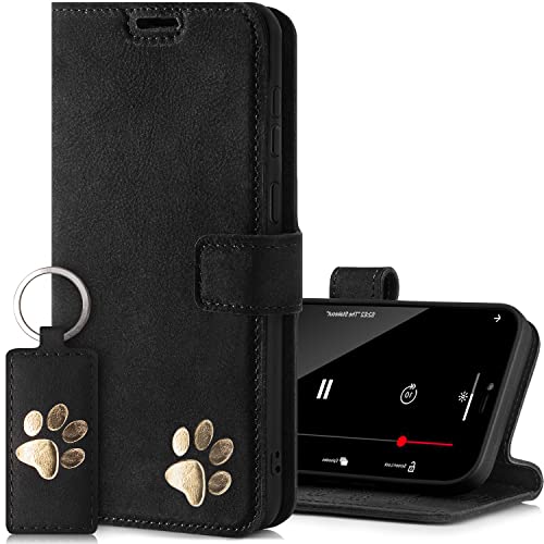 SURAZO Handyhülle für Xiaomi 12 Pro 5G – Premium Echtleder Schutzhülle Klappbar mit Pfote Motiv – Wildleder Klapphülle [Standfunktion, Kartenfach, Schlüsselring] RFID Hülle Leder Cover (Schwarz) von SURAZO
