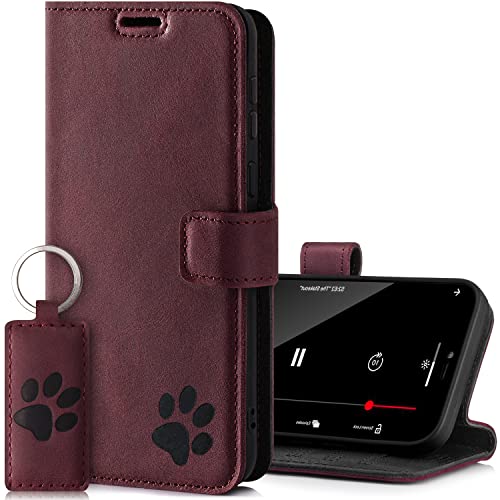 SURAZO Handyhülle für Xiaomi 12 Pro 5G – Premium Echtleder Schutzhülle mit Pfote Motiv – Vintage Klapphülle [ Standfunktion, Kartenfach, Schlüsselring ] Handmade RFID Hülle Leder Cover (Burgund) von SURAZO