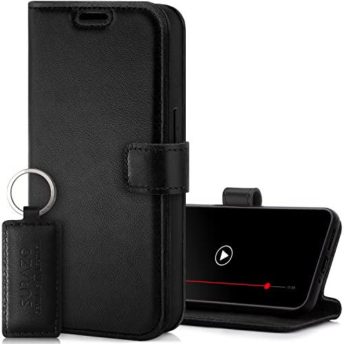 SURAZO Handyhülle für Xiaomi Redmi Note 12 Pro 5G Hülle Leder – Klappbare Echtleder Schutzhülle [Magnet, Kartenfach, RFID Schutz, Standfunktion] Klapphülle Wallet Case Cover Lederhülle (Schwarz) von SURAZO