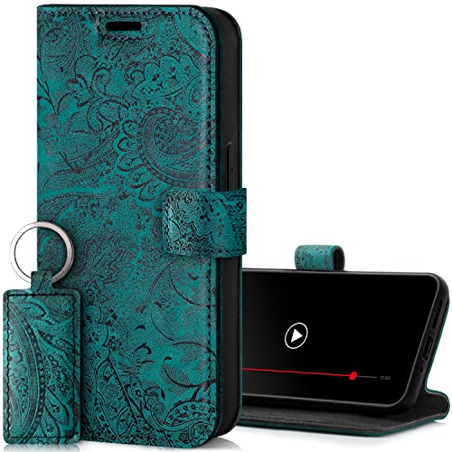 SURAZO Handyhülle für Xiaomi Redmi Note 12 Pro Plus 5G Hülle Leder – Klappbare Echtleder Schutzhülle [Magnet, Kartenfach, RFID Schutz, Blumenmuster] Klapphülle Wallet Case Cover Lederhülle (Türkis) von SURAZO