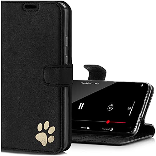 SURAZO Handyhülle für iPhone 12 – Premium RFID Echt Lederhülle Schutzhülle mit Pfotenmotiv – Schwarz Wildleder Klapphülle Wallet case mit Standfunktion Handmade in Europa für Apple iPhone 12/12 Pro von SURAZO