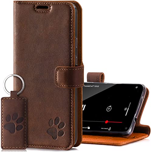 SURAZO Handyhülle für iPhone 12 Pro Max - Premium RFID Echt Lederhülle Schutzhülle mit Standfunktion - Klapphülle mit Pfotenmotiv Handmade in Europa für Apple iPhone 12 Pro Max (Nussbraun) von SURAZO