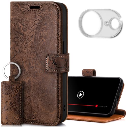 SURAZO Leder Handyhülle für Apple iPhone 16e Hülle mit Kameraschutz und Ständer - Premium Echtleder Schutzhülle mit Kartenfach, RFID Schutz, Blumen Motiv - Flip Case Lederhülle (Floral Braun) von SURAZO