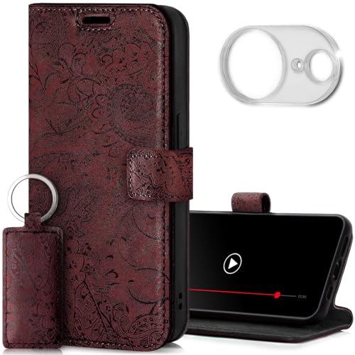 SURAZO Leder Handyhülle für Apple iPhone 16e Hülle mit Kameraschutz und Ständer - Premium Echtleder Schutzhülle mit Kartenfach, RFID Schutz, Blumen Motiv - Flip Case Lederhülle (Floral Burgund) von SURAZO
