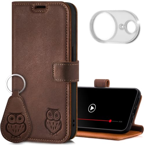 SURAZO Leder Handyhülle für Apple iPhone 16e Hülle mit Kameraschutz und Ständer - Premium Echtleder Schutzhülle mit Kartenfach, RFID Schutz, Eule Motiv - Flip Case Lederhülle (Nussbraun) von SURAZO