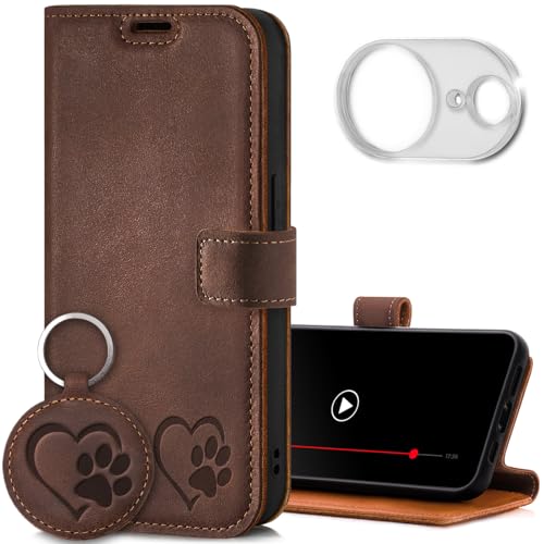 SURAZO Leder Handyhülle für Apple iPhone 16e Hülle mit Kameraschutz und Ständer - Premium Echtleder Schutzhülle mit Kartenfach, RFID Schutz, Pfote & Herz Motiv - Flip Case Lederhülle (Nussbraun) von SURAZO