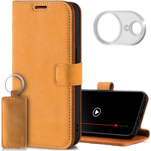 SURAZO Leder Handyhülle für Apple iPhone 16e Hülle mit Kameraschutz und Ständer - Premium Echtleder Schutzhülle mit Kartenfach, RFID Schutz - Handgefertigte Flip Case Lederhülle (Nubuk Camel) von SURAZO