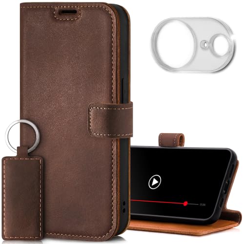 SURAZO Leder Handyhülle für Apple iPhone 16e Hülle mit Kameraschutz und Ständer - Premium Echtleder Schutzhülle mit Kartenfach, RFID Schutz - Handgefertigte Flip Case Lederhülle (Nussbraun) von SURAZO
