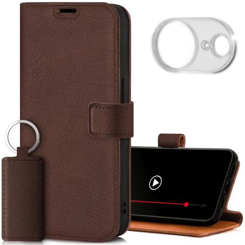 SURAZO Leder Handyhülle für Apple iPhone 16e Hülle mit Kameraschutz und Ständer - Premium Echtleder Schutzhülle mit Kartenfach, RFID Schutz - Handgefertigte Flip Case Lederhülle (Supreme Braun) von SURAZO