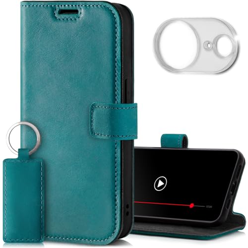 SURAZO Leder Handyhülle für Apple iPhone 16e Hülle mit Kameraschutz und Ständer - Premium Echtleder Schutzhülle mit Kartenfach, RFID Schutz - Handgefertigte Flip Case Lederhülle (Türkis) von SURAZO