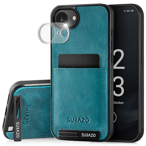 SURAZO Lederhülle für Apple iPhone 16e Hülle mit Kameraschutz – Echtleder Rückseite Handyhülle [Standfunktion] [Schlüsselring] Stoßfestes Echt Leder Schutzhülle Leather Case (Türkis) von SURAZO