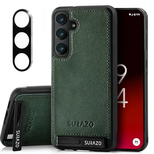 SURAZO Lederhülle für Samsung Galaxy S25 Hülle mit Kameraschutz – Echtleder Rückseite Handyhülle [Standfunktion] [Schlüsselring] Stoßfestes Echt Leder Schutzhülle Leather Case (Nubuk Grün) von SURAZO