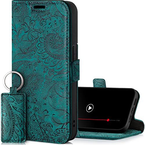 SURAZO Premium 2.0 Handyhülle für Apple iPhone 14 Hülle Leder – Klappbare Echtleder Schutzhülle [mit Magnet, Kartenfach, RFID Schutz, Blumenmuster] Klapphülle Wallet Case Cover Lederhülle (Türkis) von SURAZO