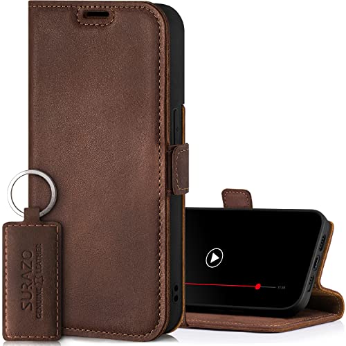 SURAZO Premium 2.0 Handyhülle für Apple iPhone 14 Pro Max Hülle Leder – Klappbare Echtleder Schutzhülle [mit Magnet, Kartenfach, RFID Schutz] Flip Klapphülle Wallet Case Cover Lederhülle (Nussbraun) von SURAZO