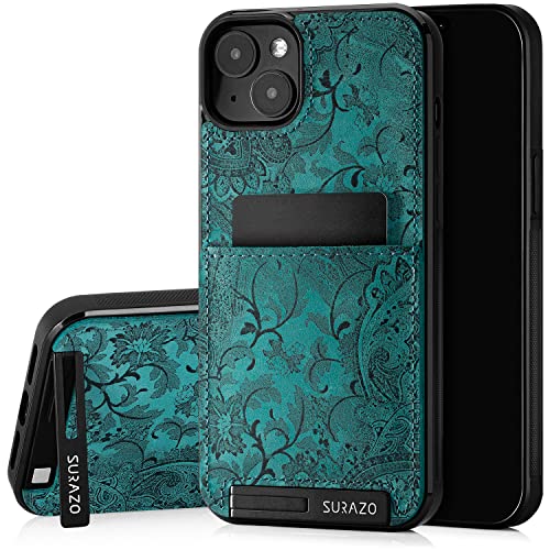 SURAZO Premium Echtleder Back case für Apple iPhone 14 Hülle – Stoßfestes Leder Handyhülle Cover mit [Kartenfach, Standfunktion, Schlüsselanhänger] Floral Slim Bumper Schutzhülle (Ornament Türkis) von SURAZO
