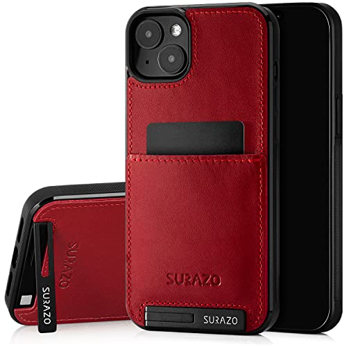 SURAZO Premium Echtleder Back case für Apple iPhone 14 Hülle – Stoßfestes Leder Handyhülle Cover mit [Kartenfach, Standfunktion, Schlüsselanhänger] Vintage Slim Bumper Schutzhülle (Costa Rot) von SURAZO