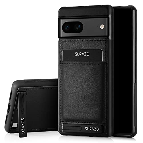 SURAZO Premium Echtleder Back case für Google Pixel 7 5G Hülle – Stoßfestes Leder Handyhülle Cover mit [Kartenfach, Standfunktion, Schlüsselanhänger] Vintage Slim Bumper Schutzhülle (Costa Schwarz) von SURAZO