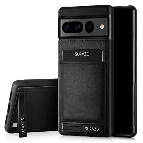 SURAZO Premium Echtleder Back case für Google Pixel 7 Pro Hülle – Stoßfestes Leder Handyhülle Cover mit [Kartenfach, Standfunktion, Schlüsselanhänger] Vintage Slim Bumper Schutzhülle (Costa Schwarz) von SURAZO